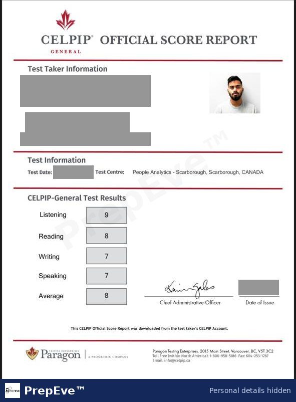 CELPIP-General score report, average 8 shared by a PrepEve student. Personal details hidden.
