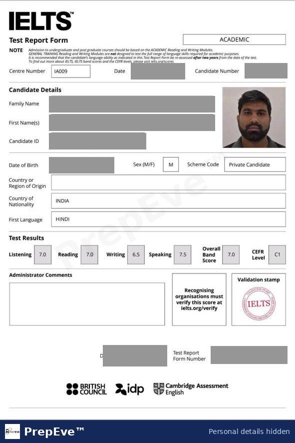 IELTS Academic Test Report Form, overall 7.0 shared by a PrepEve student. Personal details hidden.