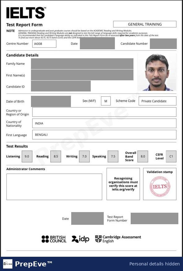 IELTS General Training Test Report Form, overall 8.0 shared by a PrepEve student. Personal details hidden.
