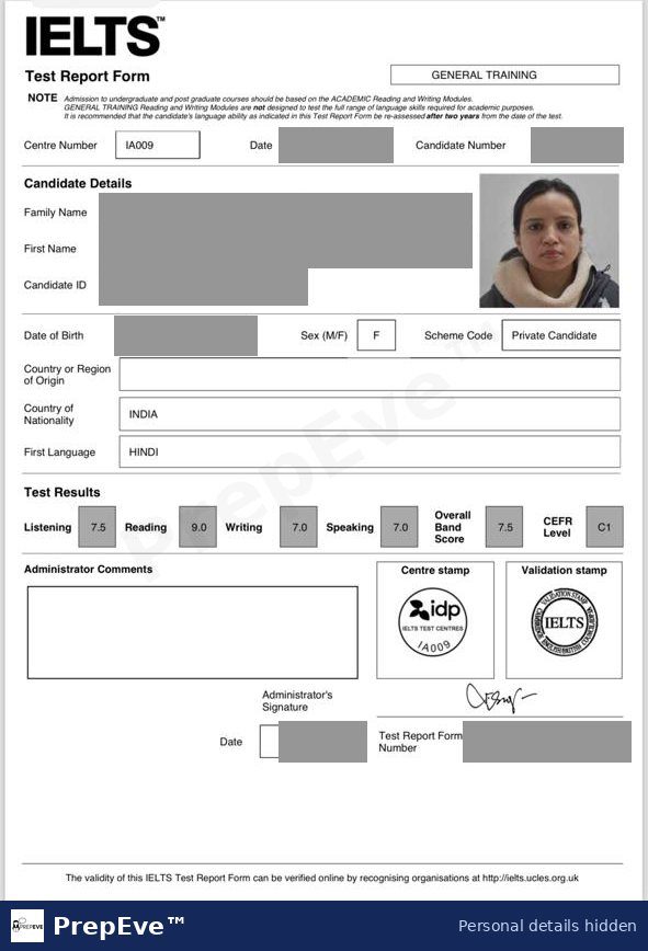 IELTS General Training Test Report Form, overall 7.5 shared by a PrepEve student. Personal details hidden.