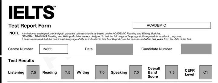 Real IELTS Academic Test Report Form showing overall Band 7.5, personal details hidden