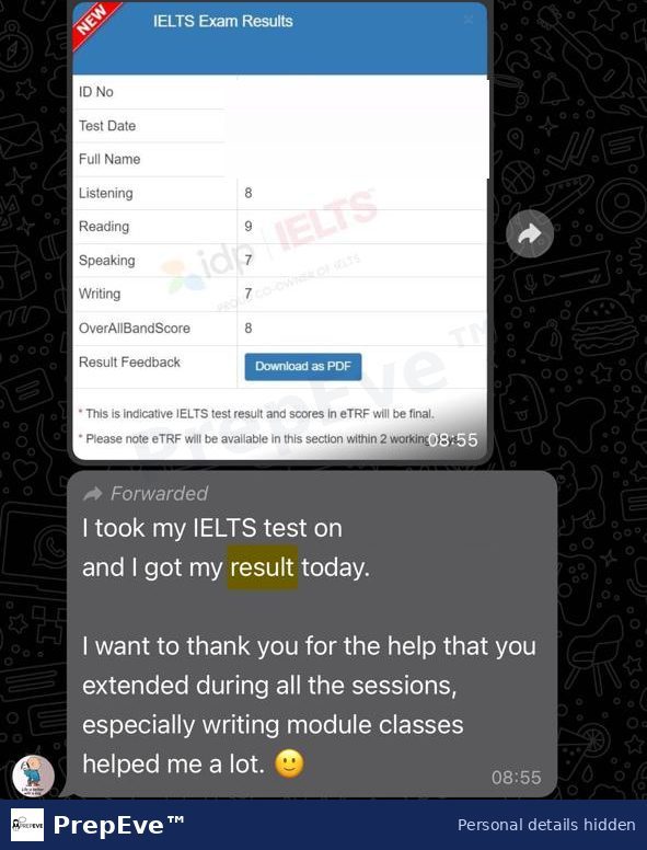IELTS result shared by a PrepEve student: Overall 8 (L 8, R 9, S 7, W 7) with thank-you message. Personal details hidden.