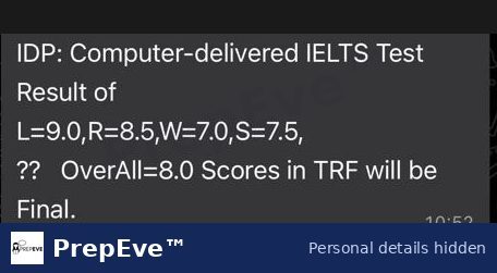 IELTS result shared by a PrepEve student: overall 8.0 (L 9.0, R 8.5, W 7.0, S 7.5). Personal details hidden.
