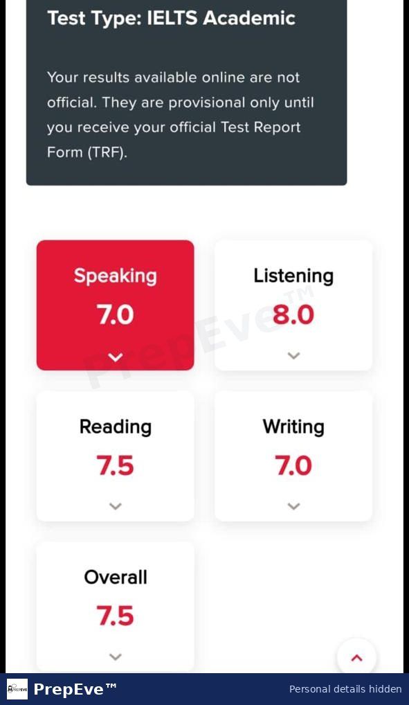 IELTS result shared by a PrepEve student: Academic, overall 7.5. Personal details hidden.