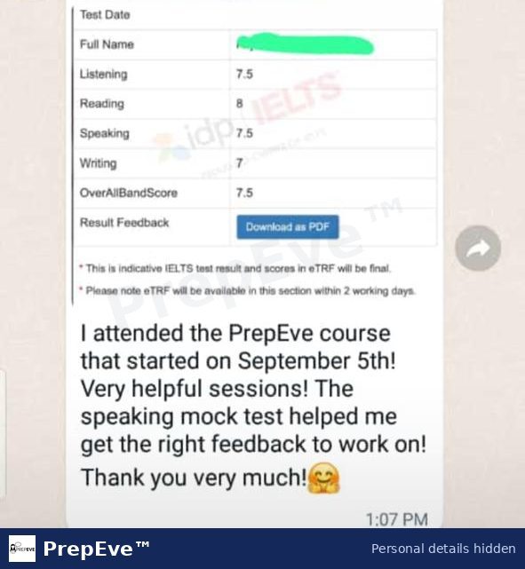IELTS result shared by a PrepEve student: Overall 7.5 with student's message. Personal details hidden.