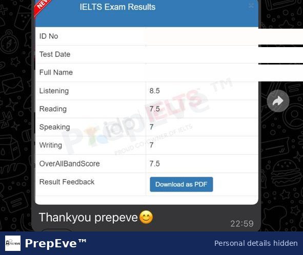 IELTS result shared by a PrepEve student: Overall 7.5, student's thank-you. Personal details hidden.