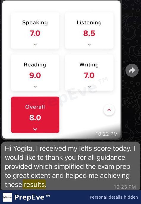 IELTS result shared by a PrepEve student: Overall 8.0 (L 8.5, R 9, W 7, S 7) with student's message. Personal details hidden.
