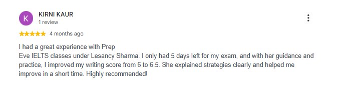 5-star Google review of PrepEve by Kirni Kaur