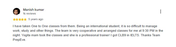 5-star Google review of PrepEve by Manish Kumar