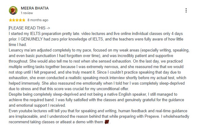 5-star Google review of PrepEve by Meera Bhatia