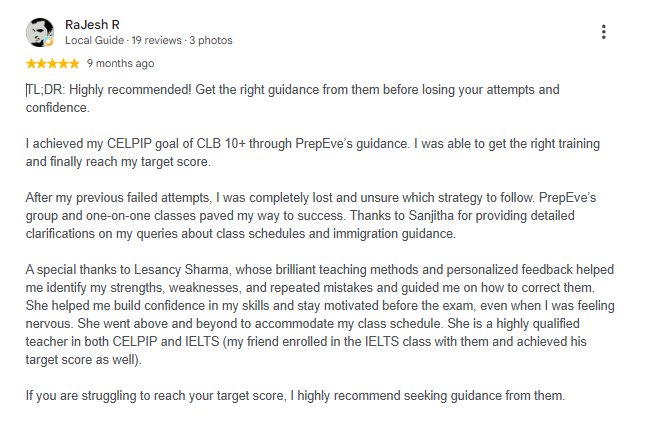 5-star Google review of PrepEve by Rajesh R